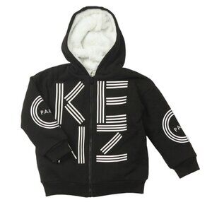KENZO Kids Black Sherpa Fleece Hoodie Jacket with White Logo Print